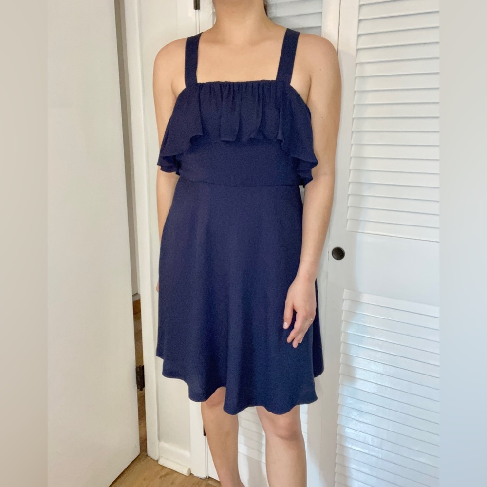 Madewell 4 Small Dress Ruffle Crossback Navy Blue Spring Summer Fit & Flare